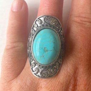 Vintage 00s Turquoise and Silver Plated Ring - Size 7